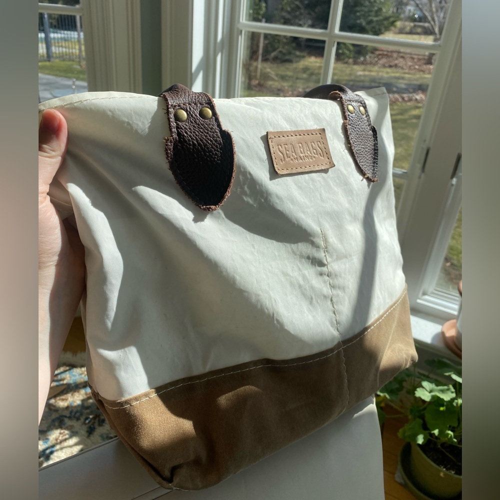 Sea Bags Chebeague Tote Recycled Sailcloth Leather Tan Waxed Canvas Made in USA - Picture 6 of 11